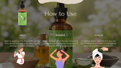 Bottle of Miracle Hair Elixir with usage instructions and illustrations on a blurred natural background