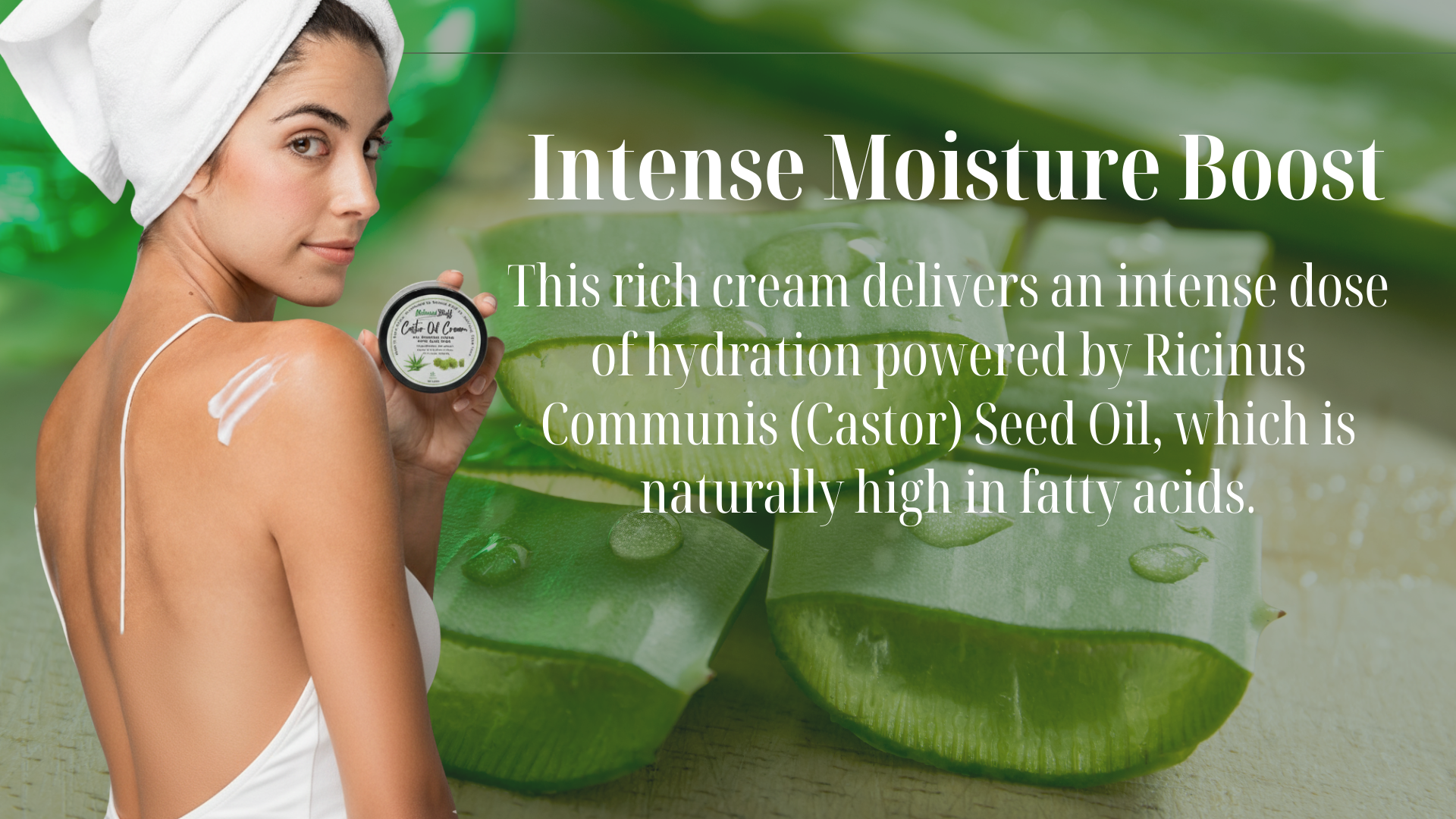 Woman applying cream with aloe vera leaves and text about intense moisture boost.