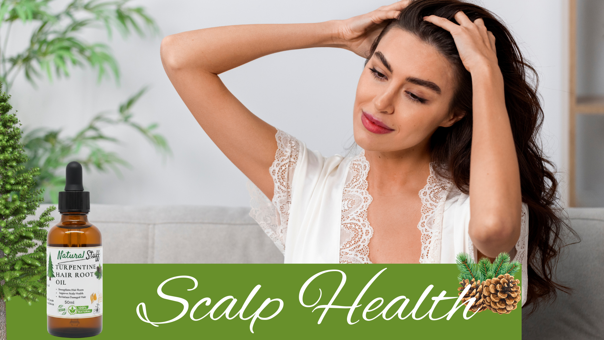 Woman with healthy hair touching her scalp next to a bottle labeled 'Scalp Health'