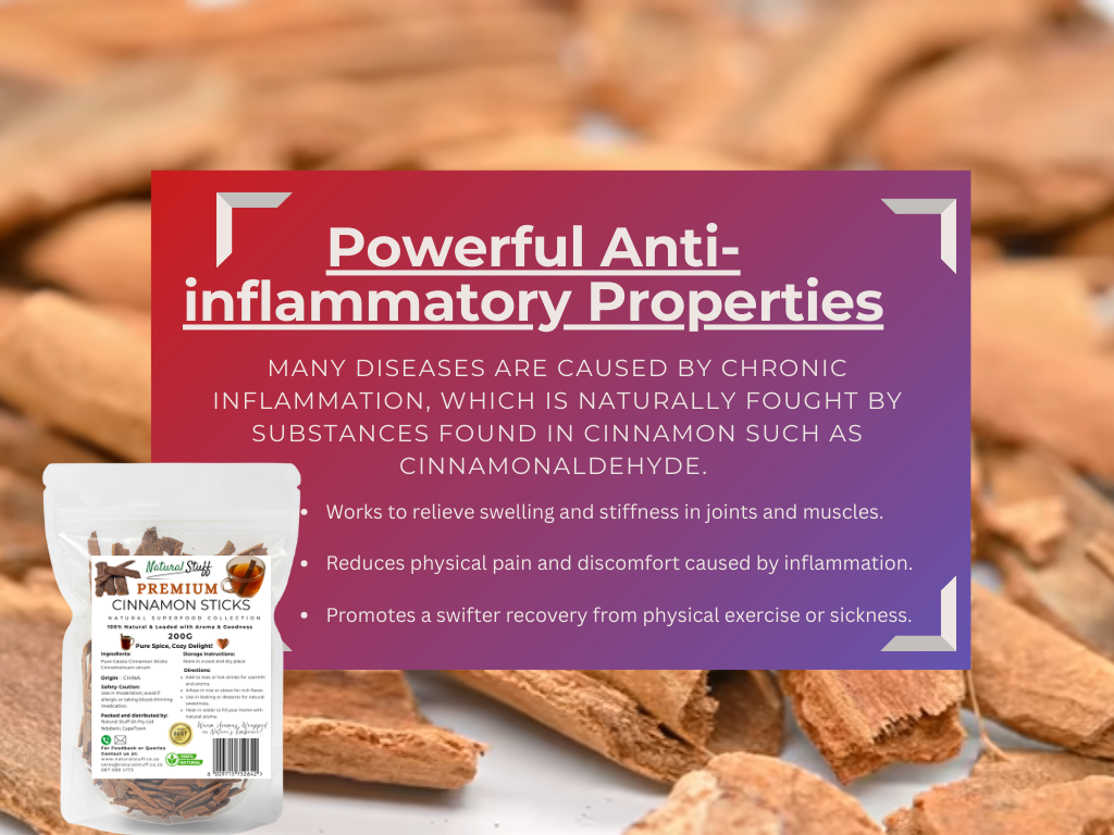 Cinnamon sticks with a label highlighting powerful anti-inflammatory properties.