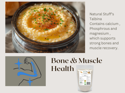 Bowl of creamy food with text about natural product benefits on a light background