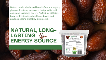 Dried dates with a container labeled 'Wicked Dates' on a background of dates.