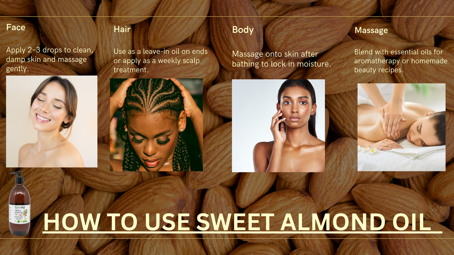 Instructions on how to use sweet almond oil with images of application on face, hair, body, and massage.