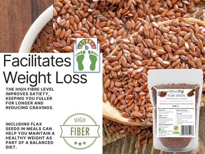 Flax seeds with a scoop and packaging on a wooden surface, highlighting health benefits.