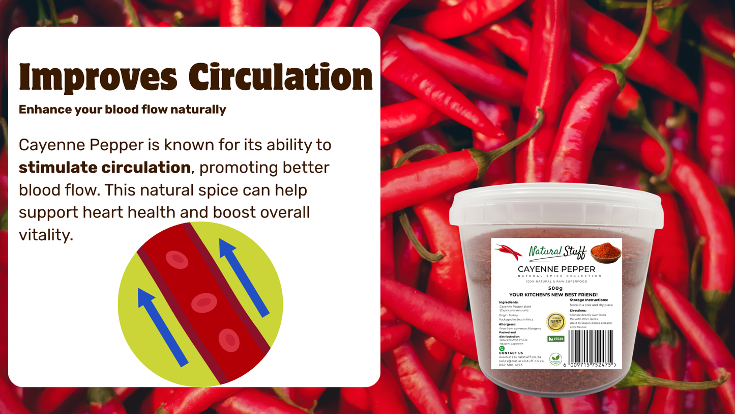 Cayenne pepper container with text about circulation benefits on a red chili pepper background