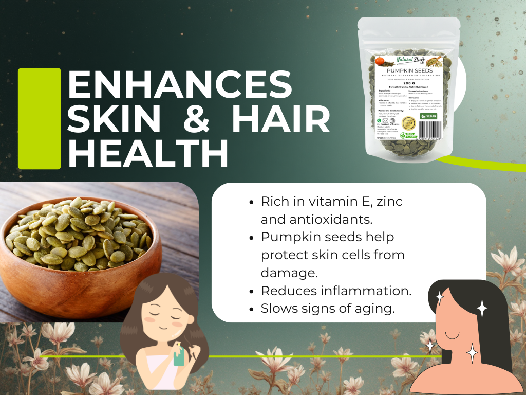 Promotional graphic for pumpkin seeds with health benefits on a green background