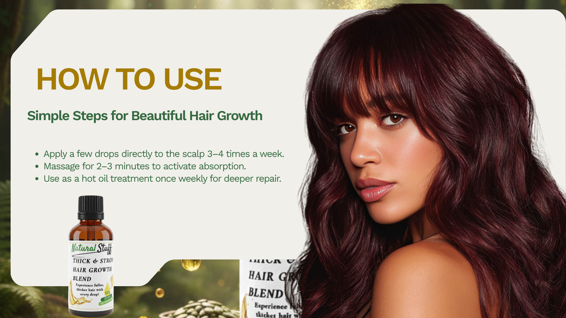 Woman with long hair and hair care product with usage instructions on a white background