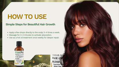 Woman with long hair and hair care product with usage instructions on a white background