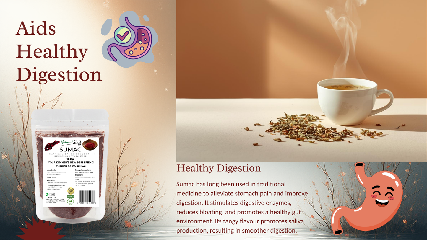 Sumac packaging with a cup of tea and text about healthy digestion.