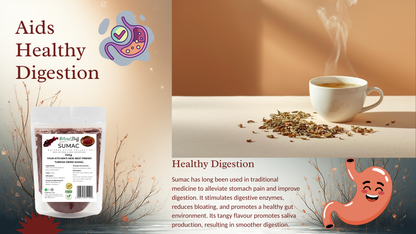 Sumac packaging with a cup of tea and text about healthy digestion.