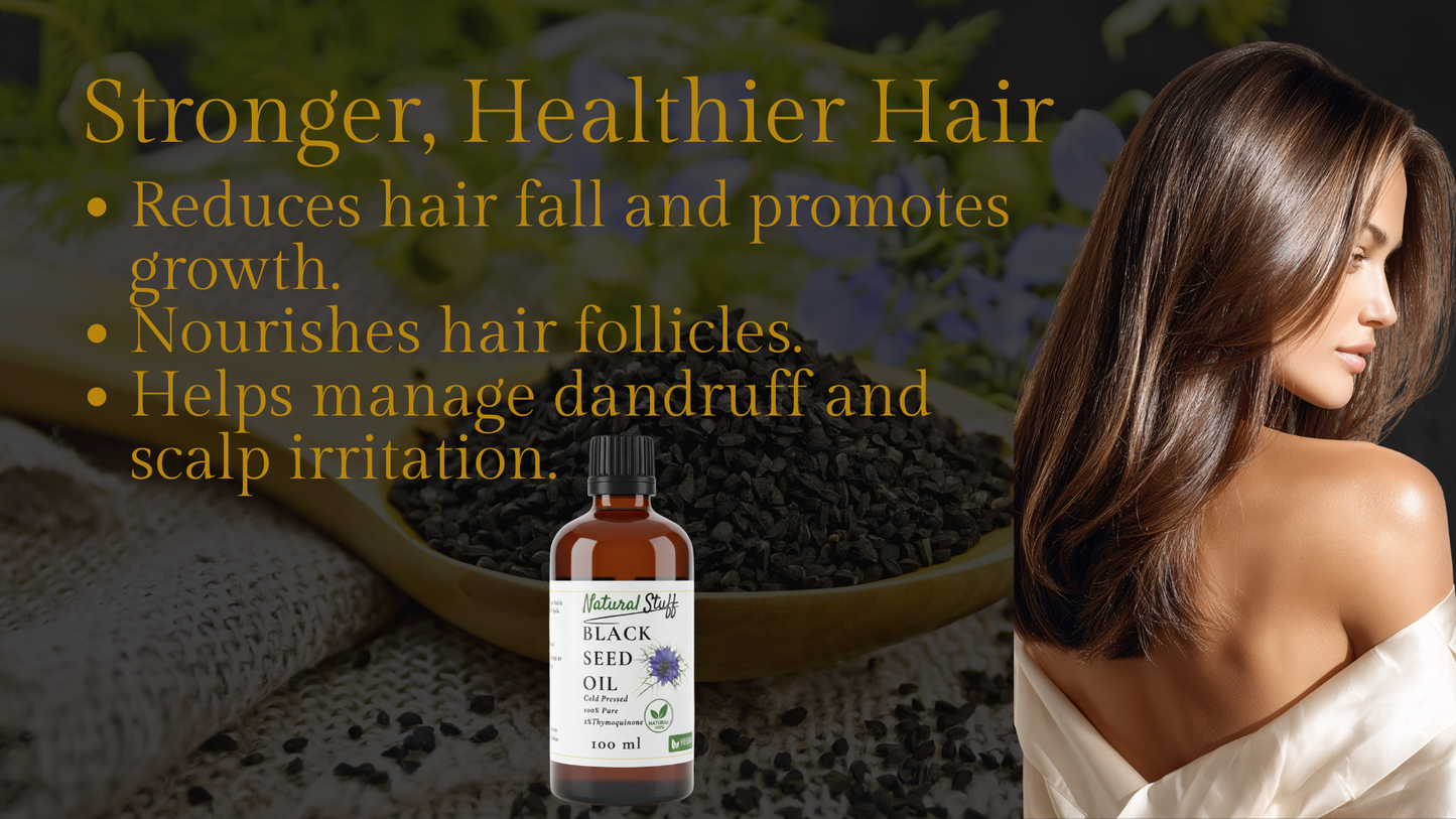 Black seed oil bottle with text about hair health and a woman with long hair.