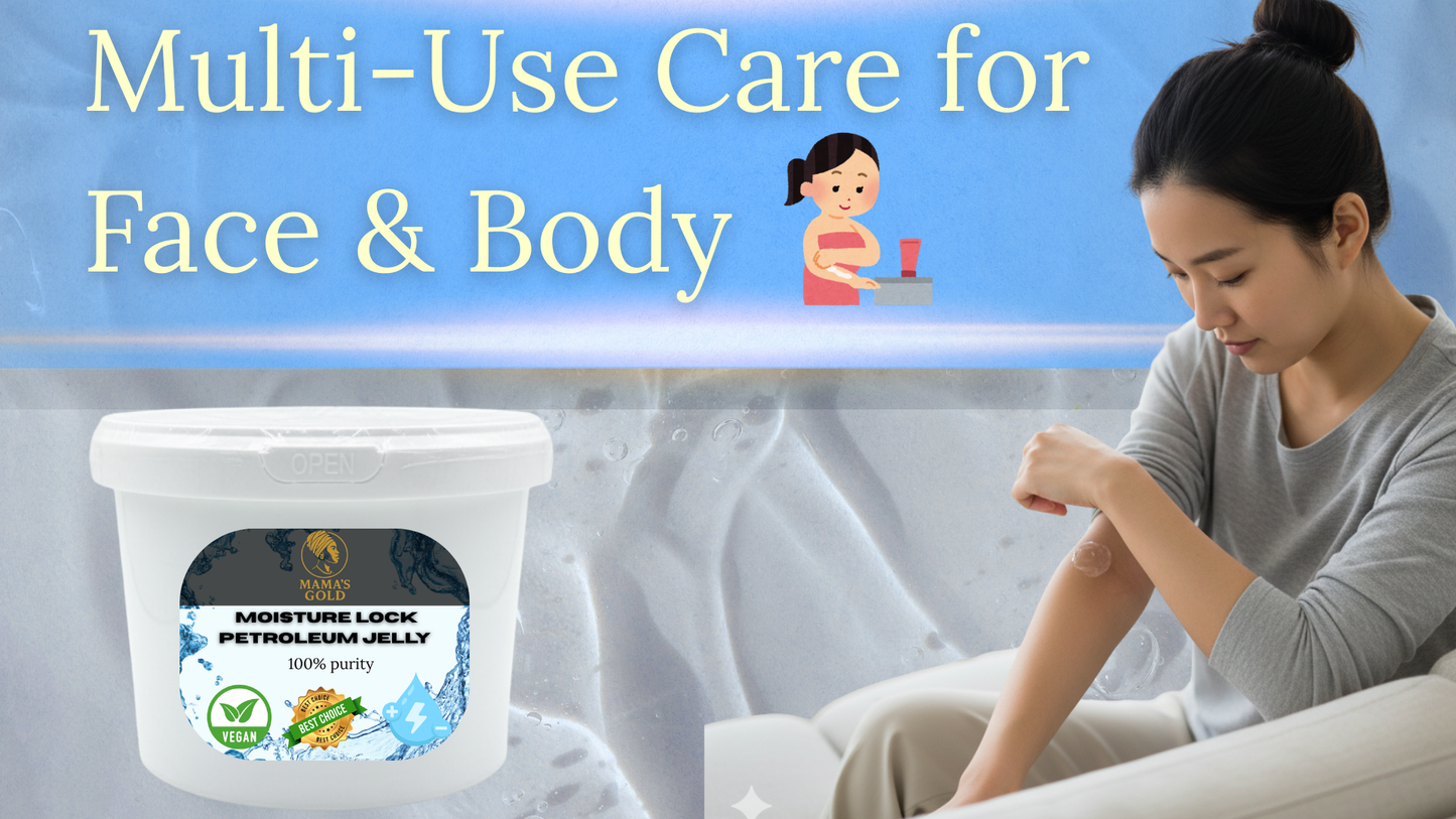 Person applying a product to their arm with text 'Multi-Use Care for Face & Body' and a container labeled 'Moisture Lock Petroleum Jelly'.