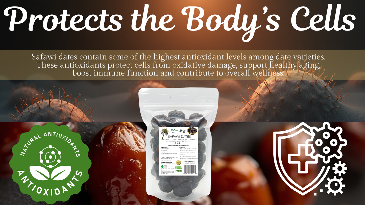 Safawi dates packaging with text about antioxidants and health benefits on a dark background.