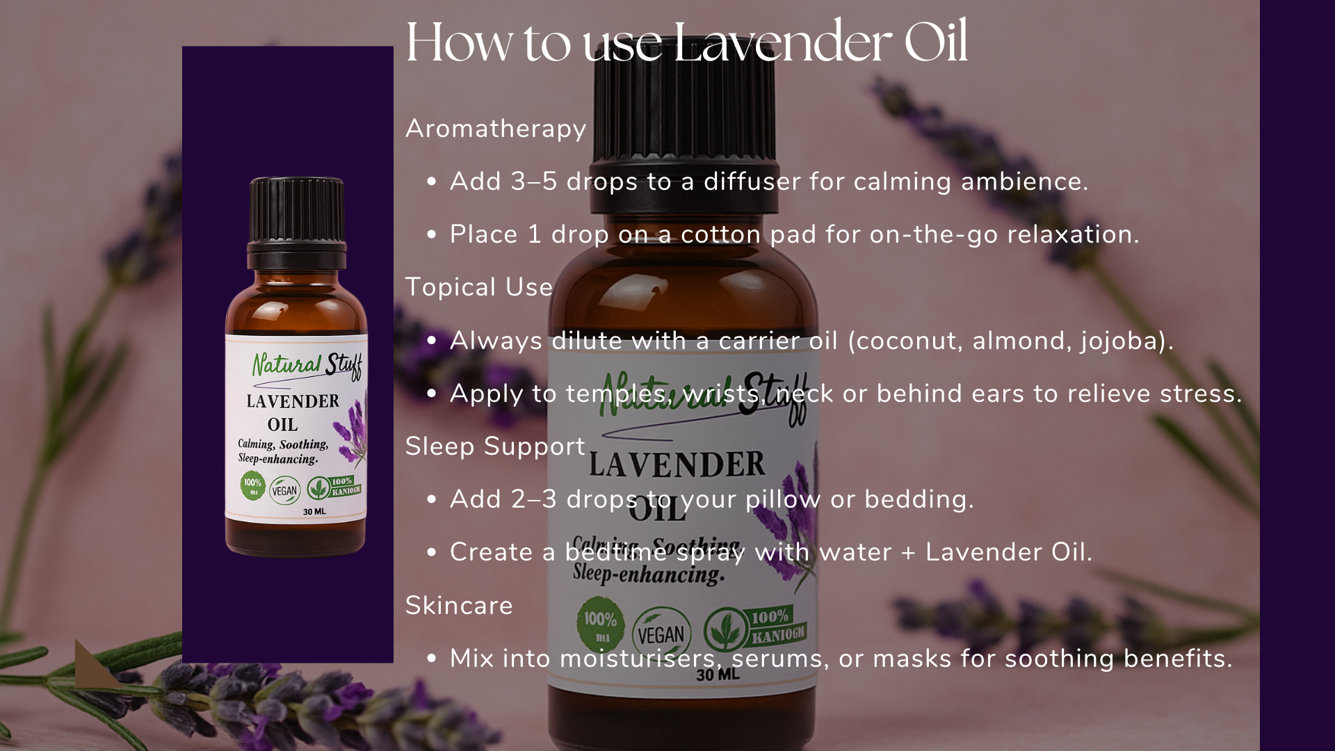 Two bottles of lavender oil with usage instructions on a blurred natural background