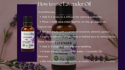 Two bottles of lavender oil with usage instructions on a blurred natural background