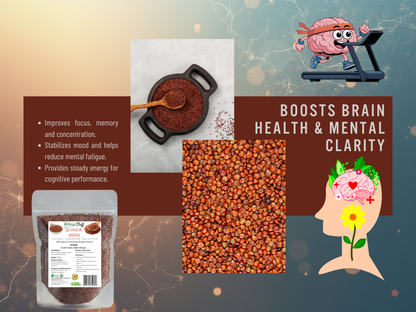 Promotional graphic for brain health with text and images of brain food products.