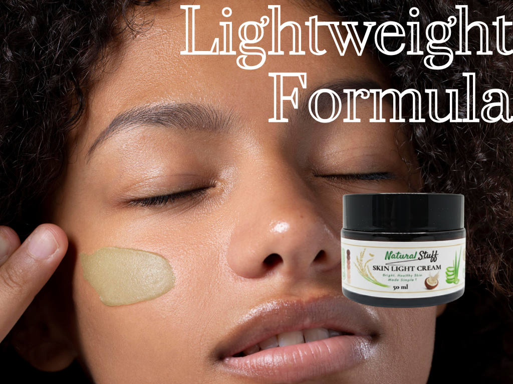 Woman applying cream to her face with a jar of cream labeled 'Natural Stuff' in the corner.