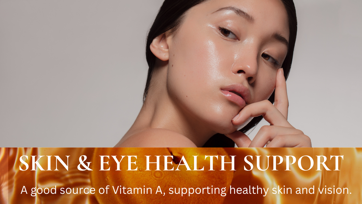Woman with skincare product on face, text about skin and eye health support.