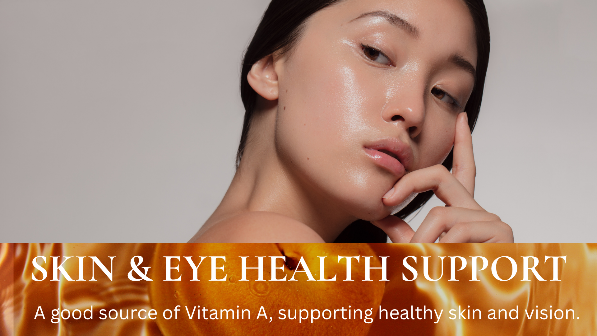 Woman with skincare product on face, text about skin and eye health support.