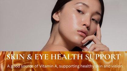 Woman with skincare product on face, text about skin and eye health support.