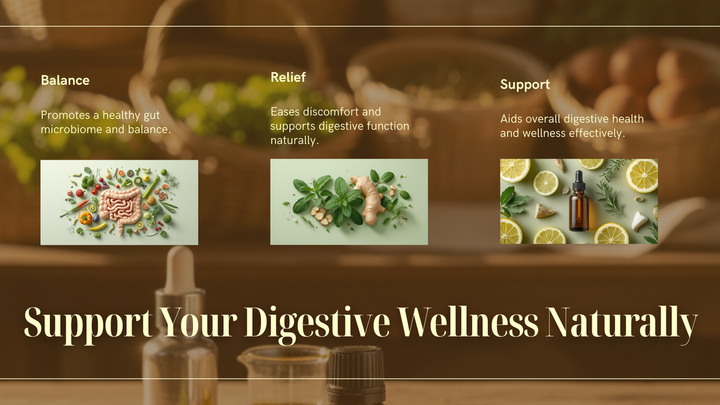 Promotional graphic for digestive wellness with images of gut health, relief, and support, featuring text and natural elements.