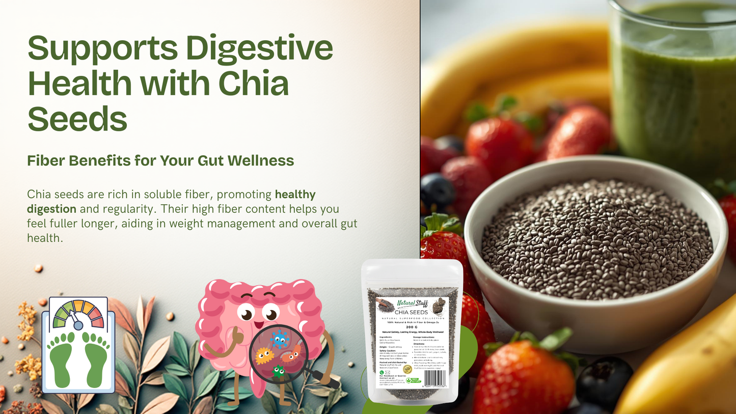 Advertisement for chia seeds with text about digestive health benefits, surrounded by fruits and a jar of chia seed product.