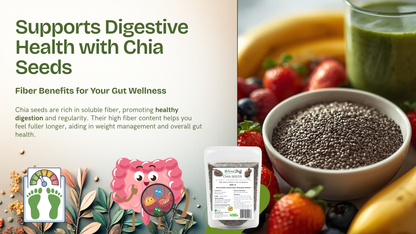 Advertisement for chia seeds with text about digestive health benefits, surrounded by fruits and a jar of chia seed product.