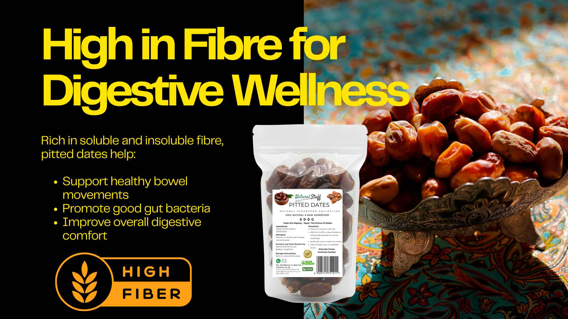 Date pits with a packaging label, text about fibre benefits, and a decorative background.