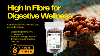 Date pits with a packaging label, text about fibre benefits, and a decorative background.