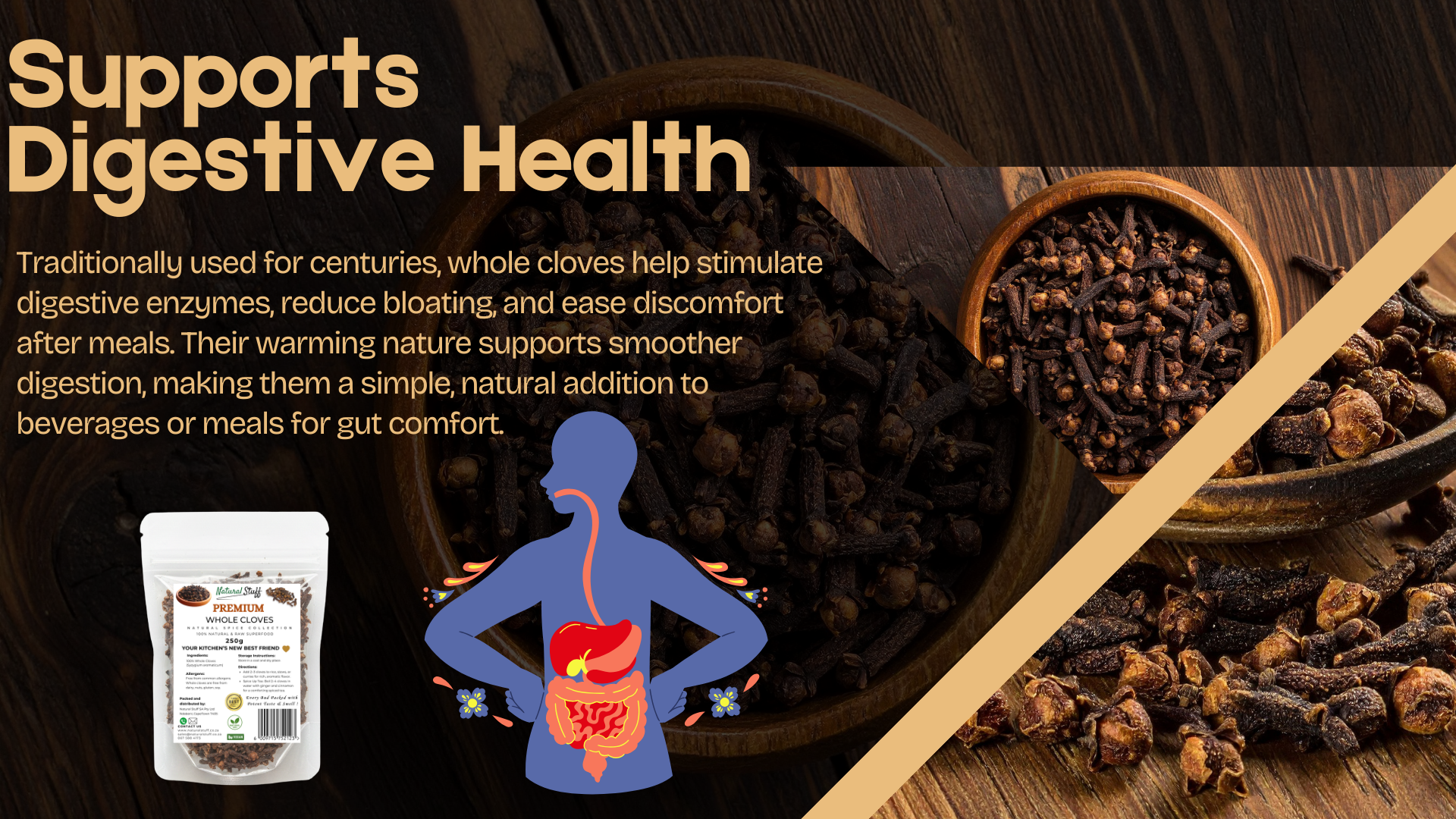 Cloves with a digestive system illustration and text about digestive health on a wooden surface.