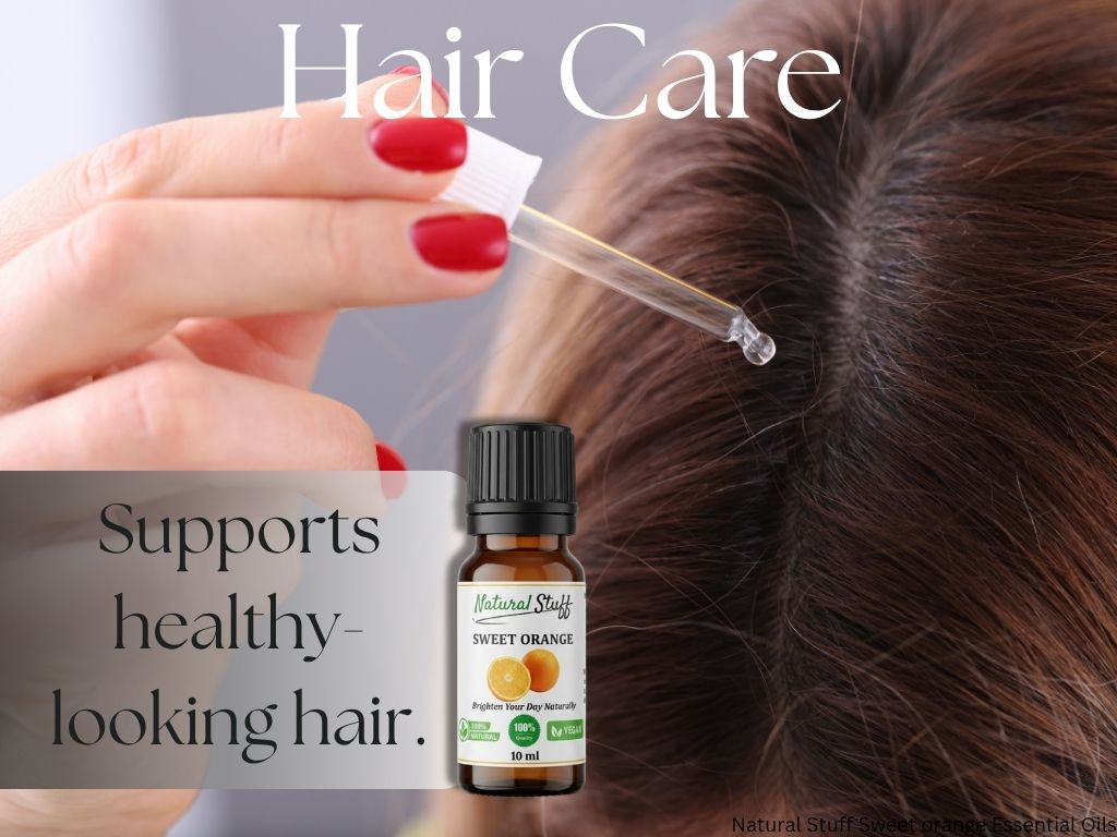 Hair care product being applied to hair with text about supporting healthy-looking hair.