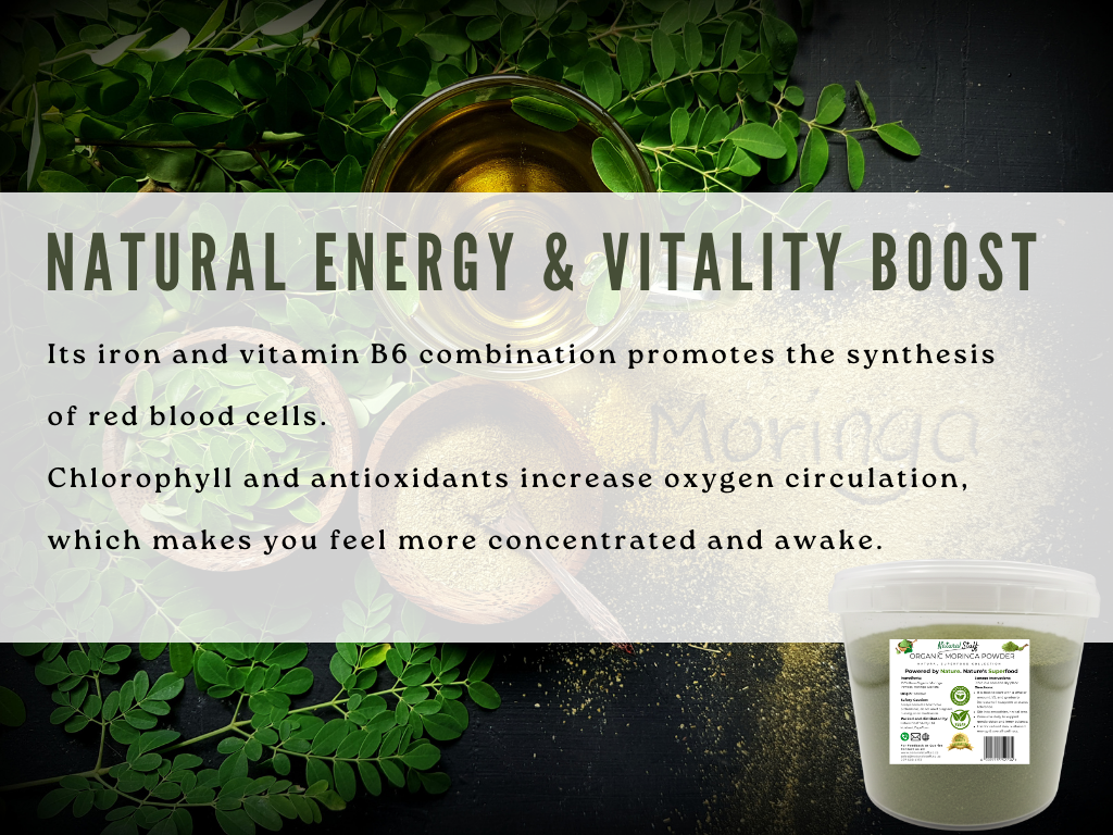Product packaging with green leaves and text about natural energy and vitality boost.