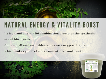 Product packaging with green leaves and text about natural energy and vitality boost.