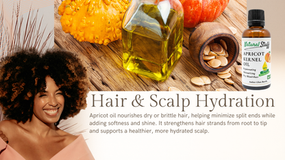 Woman with natural hair next to apricot kernel oil and ingredients on a wooden board.