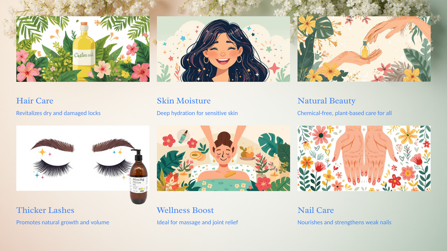 Illustrated product categories with images and text on a floral background