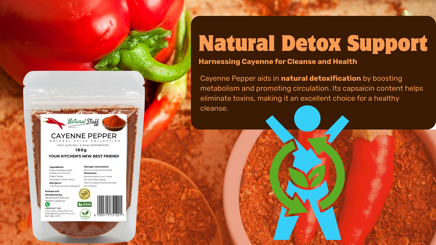Cayenne pepper supplement packaging with cayenne peppers and detox graphics on a wooden background