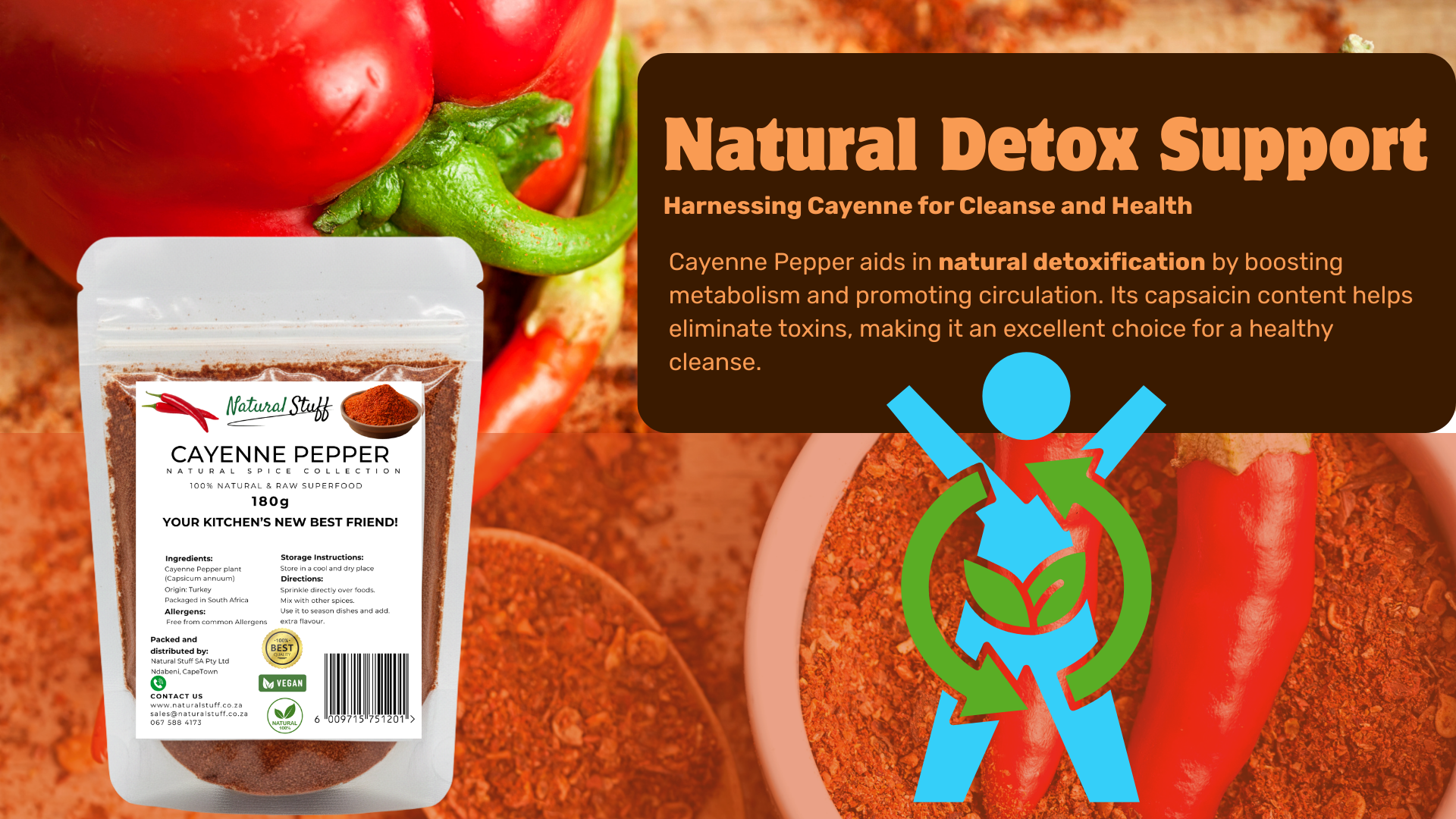 Cayenne pepper supplement packaging with cayenne peppers and detox graphics on a wooden background