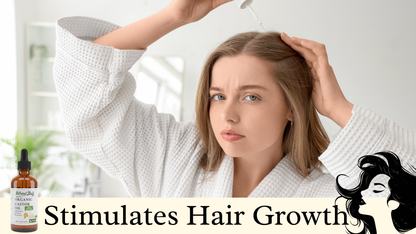 Woman in a white robe with text 'Stimulates Hair Growth' and a bottle of hair product.
