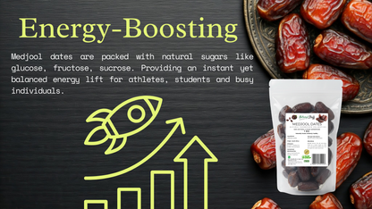 Medjool dates with packaging and energy-boosting text on a dark background