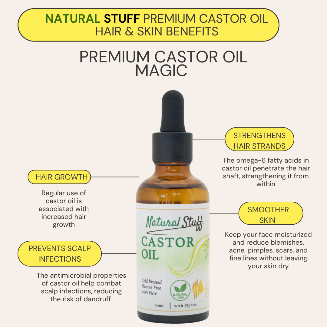 Natural Stuff Premium Castor Oil Cold-pressed Hexane Free 50ml with free 5 Mascara Wands