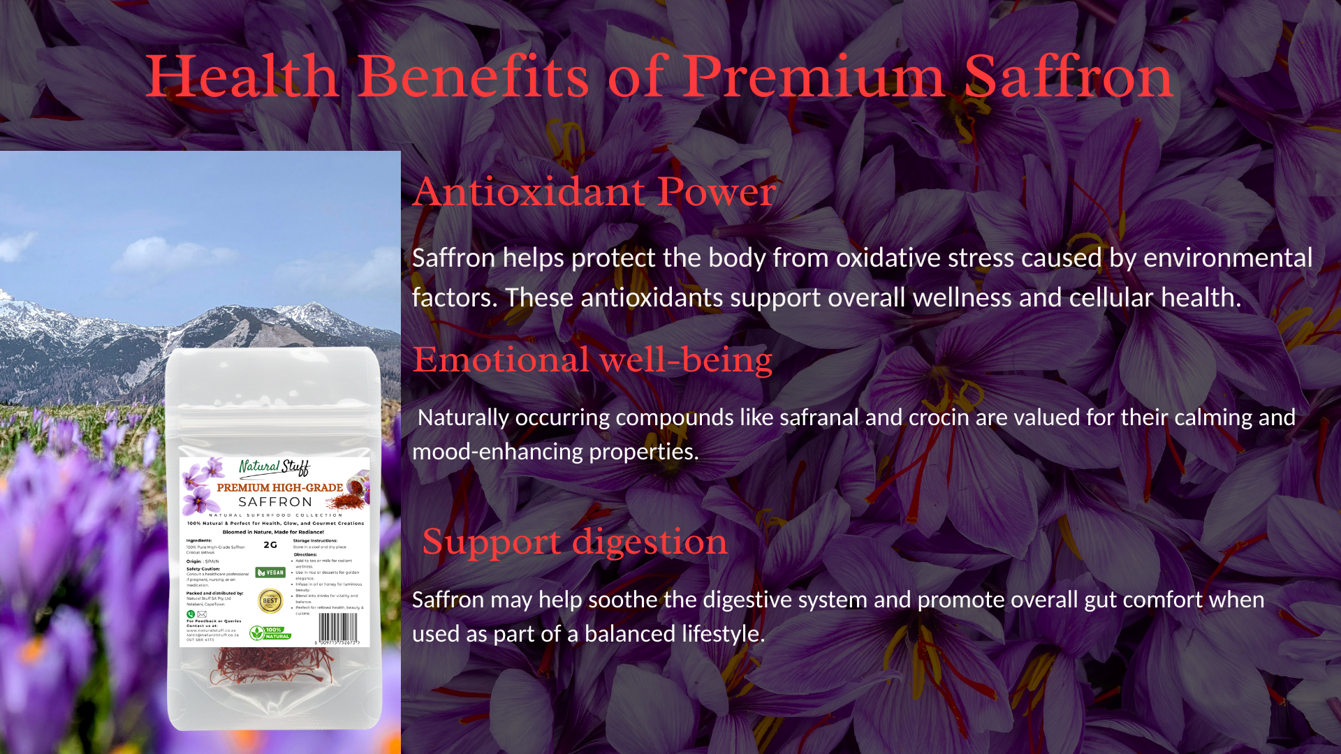 Promotional graphic about the health benefits of premium saffron with saffron packaging and flowers.