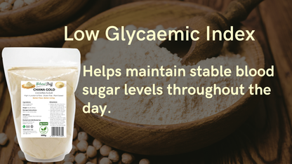 Bowl of chana dal with a package and text about low glycaemic index