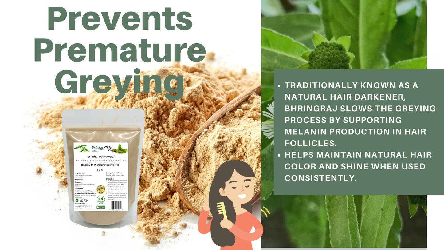 Product packaging with text about preventing premature greying and supporting melanin production.