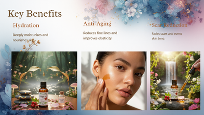 Cosmetic product advertisement with key benefits, hydrating, anti-aging, and scar reduction, featuring images of a woman applying product and natural elements.