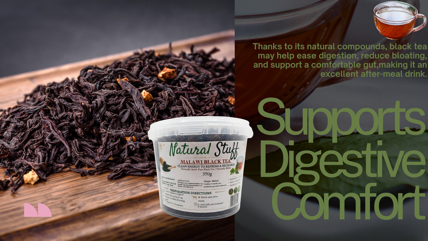 Container of 'Natural Stuff' Malawi Black Tea with text about digestive benefits on a dark background