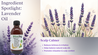 Bottle of lavender oil with lavender flowers and text about scalp health.