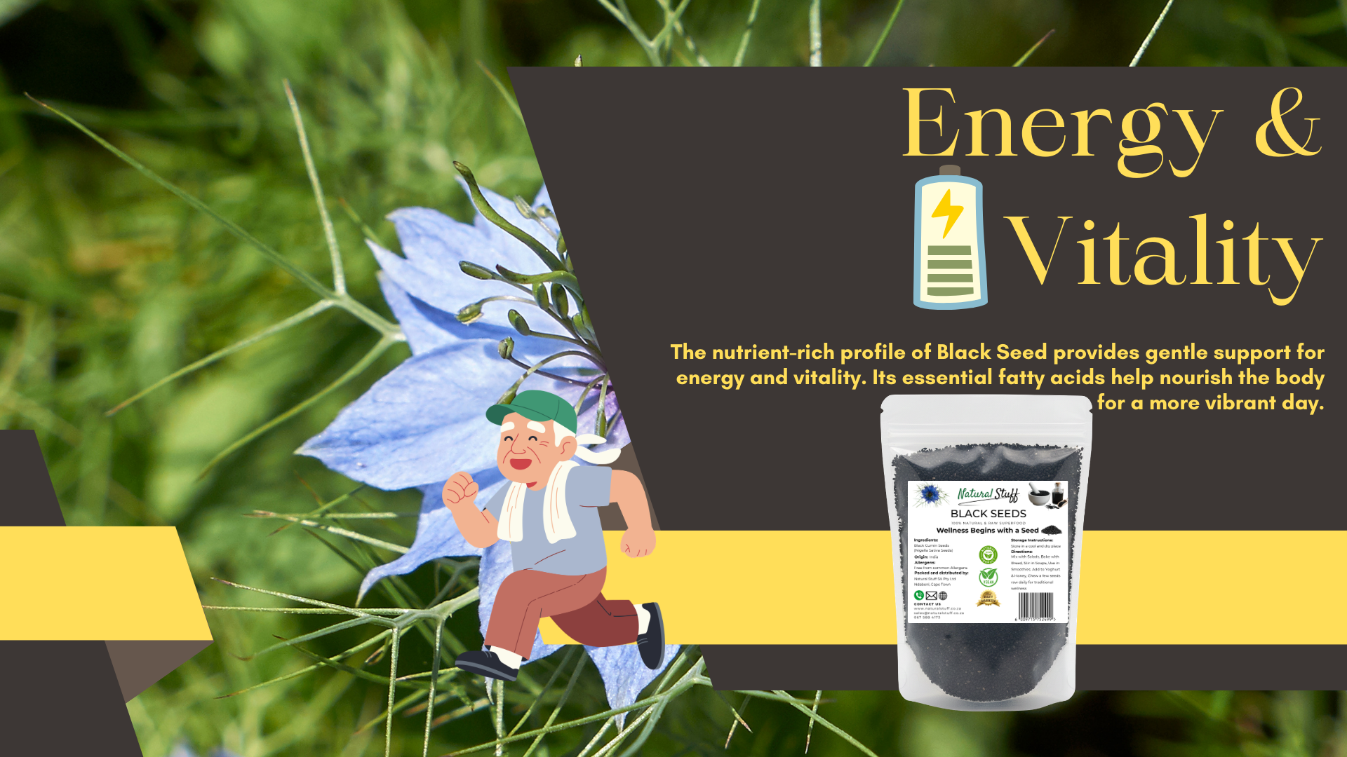 Black seed packaging with fairy character and text about energy and vitality on a grassy background