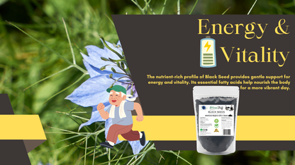Black seed packaging with fairy character and text about energy and vitality on a grassy background