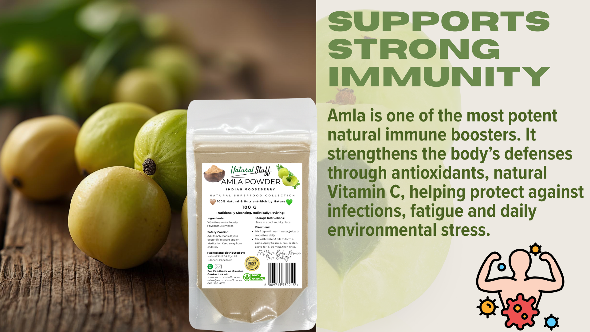 Amla powder package with amla fruits on a wooden surface and text about immunity support.