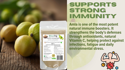 Amla powder package with amla fruits on a wooden surface and text about immunity support.